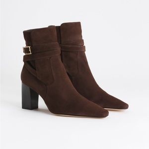 Good American Bombshell Ankle Strap Suede Booties Brown Size 12